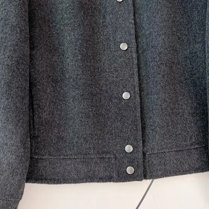 Withered French Fashion Simple Single Breasted Wool Jacket Coat Office Ladies Retro Button Grey Elegant Baseball Jacket Women