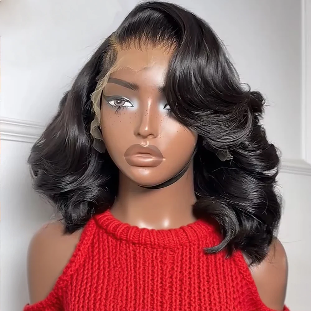 BVYWELL Perruques Courtes Bob en Cheveux Humains Naturels Vietnamiens Bruts, Ondulés et Mouillés, avec Dentelle Frontale HD 13×6, Densité 250%, Noir Naturel, Ondulations Corporelles, 16 Pouces, Pour Femmes
