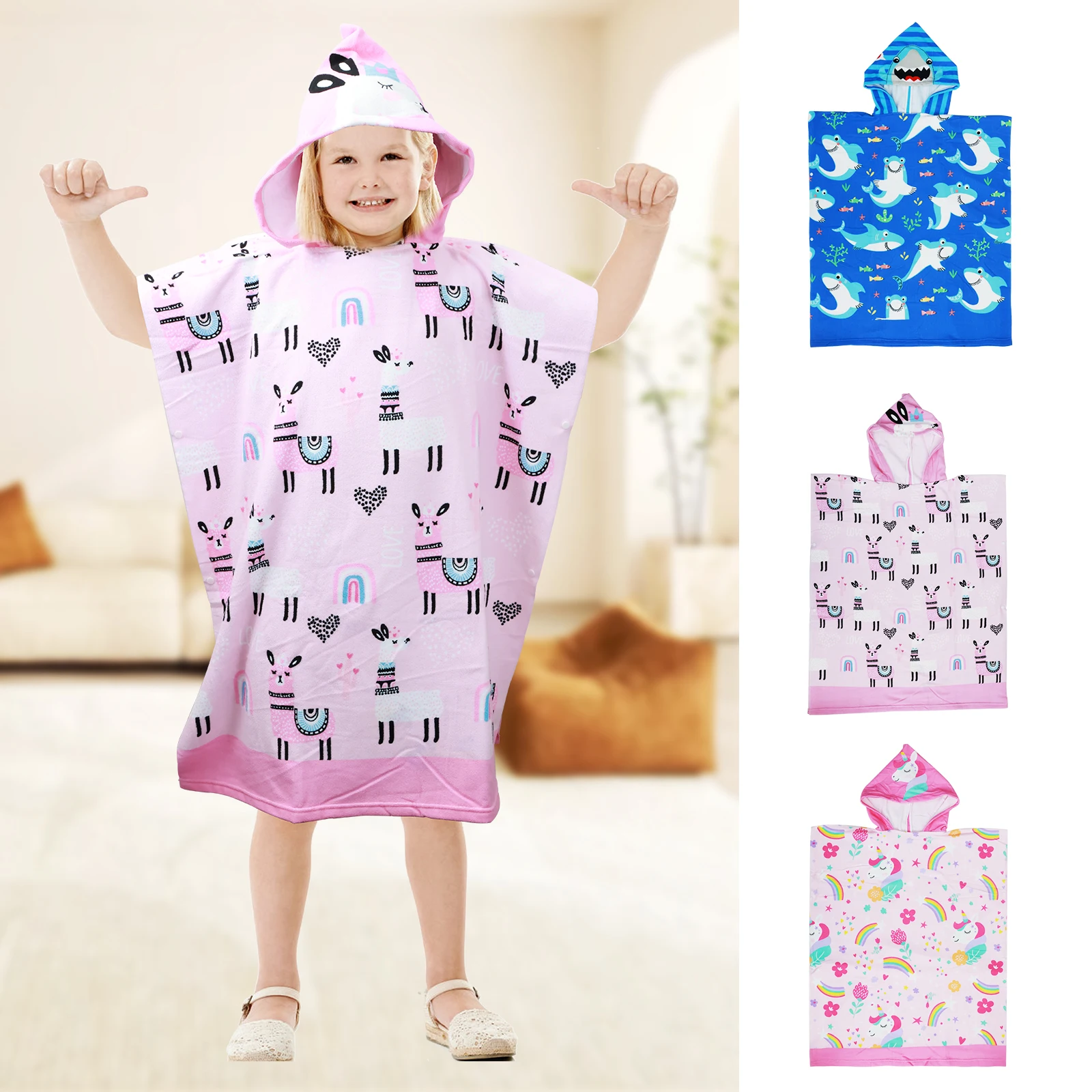Cartoon Printing Bathrobe Baby Bath Towel Girls Unicorn Beach Towel Boy Shark Dinosaur Bath New Kids Hooded Cape Sleepwear