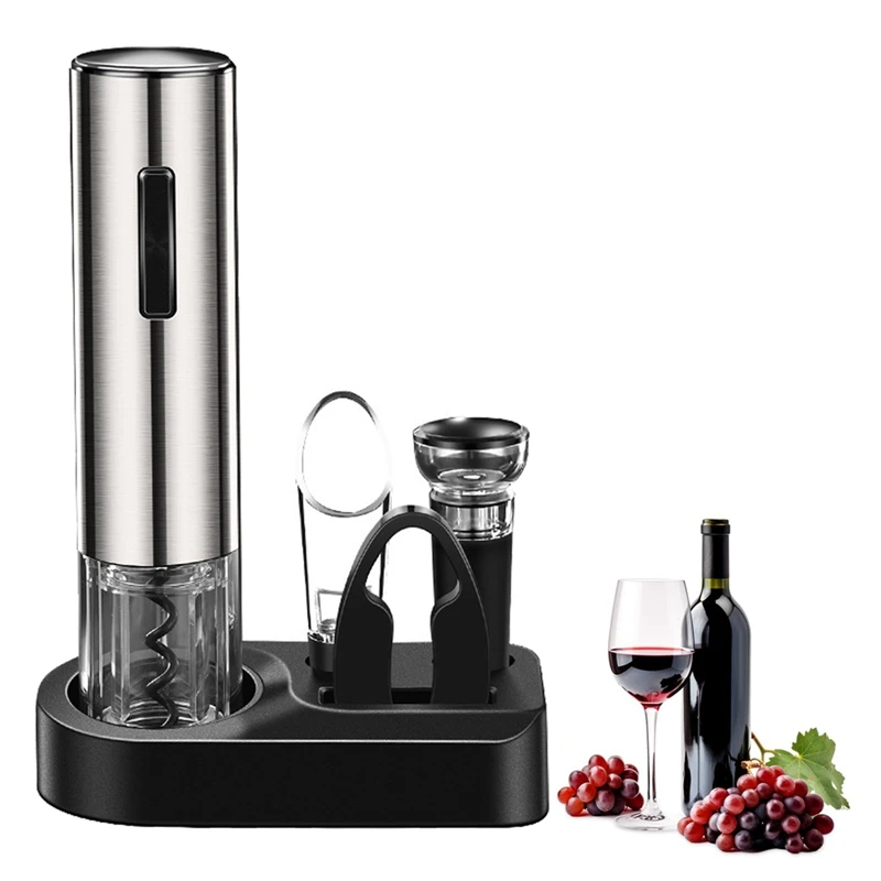 

4In1 Electric Wine Bottle Opener Vacuum Wine Preserver Rechargeable Opener With Wine Aerator, Foil Cutter & Storage Base