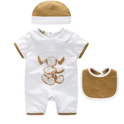 Designer Newborn Baby Girls and Boy 3pcs Short Sleeve Summer Romper +hat Clothes Set Brand Infant Kids Boutique Outfit Clothing