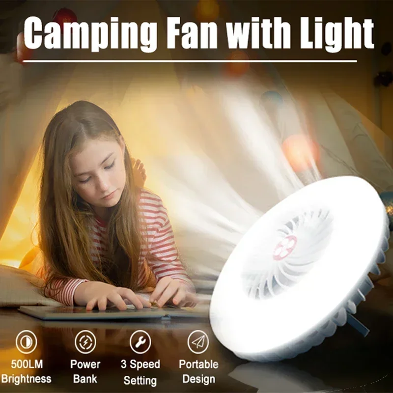 Portable Fan with LED Light USB Rechargeable Desk Fan Tent Lamp Magnetic Torch Outdoor Emergency Camping Lantern with Hook