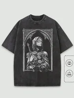 T-Shirt délavé 100% coton homme Architecture gothique femme visage graphique surdimensionné Streetwear T-Shirt col rond manches courtes 1