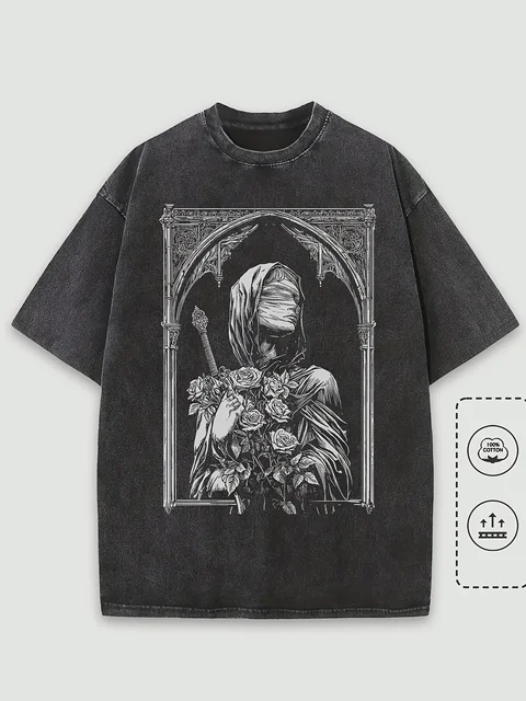 T-Shirt délavé 100% coton homme Architecture gothique femme visage graphique surdimensionné Streetwear T-Shirt col rond manches courtes 1