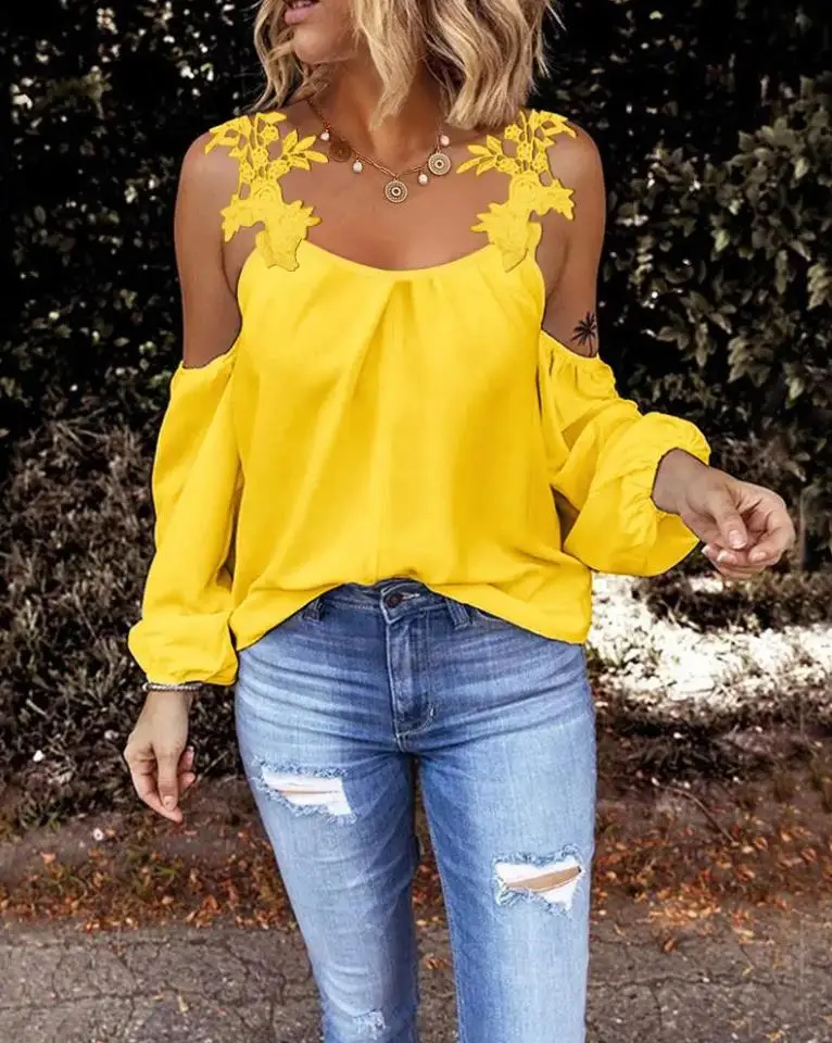 Fashion Tops for Woman 2022 Contrast Lace Cold Shoulder Top Elegant Puff  Long Sleeve Shirt Y2K All-Match T Shirt Female Elegant - AliExpress