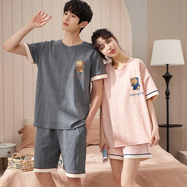 New Short Sleeve Sleepwear Couple Men and Women Matching Home Set Cotton Pjs Cartoon Prints Leisure Nightwear Pajamas for Summer