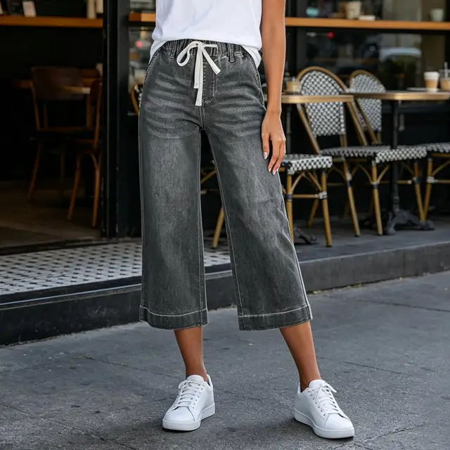 Cropped Pants for Women, High-Stretch Denim Wide-Leg Trousers, Drawstring Waistband Casual Summer Pants Denim Jeans Women 5