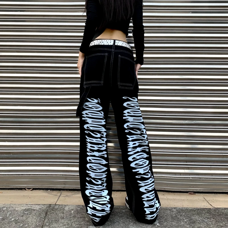 

Gothic Letter Print Jeans for Women, Japanese High Streetwear, Baggy Black Denim Pants, Casual Clothing, Fashion Trends, 2021