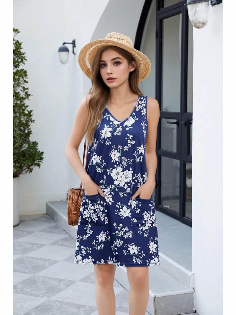 Womens Summer Dresses Loose V Neck Sleeveless Sundresses Swimsuit Coverup With Pockets Floral-N58