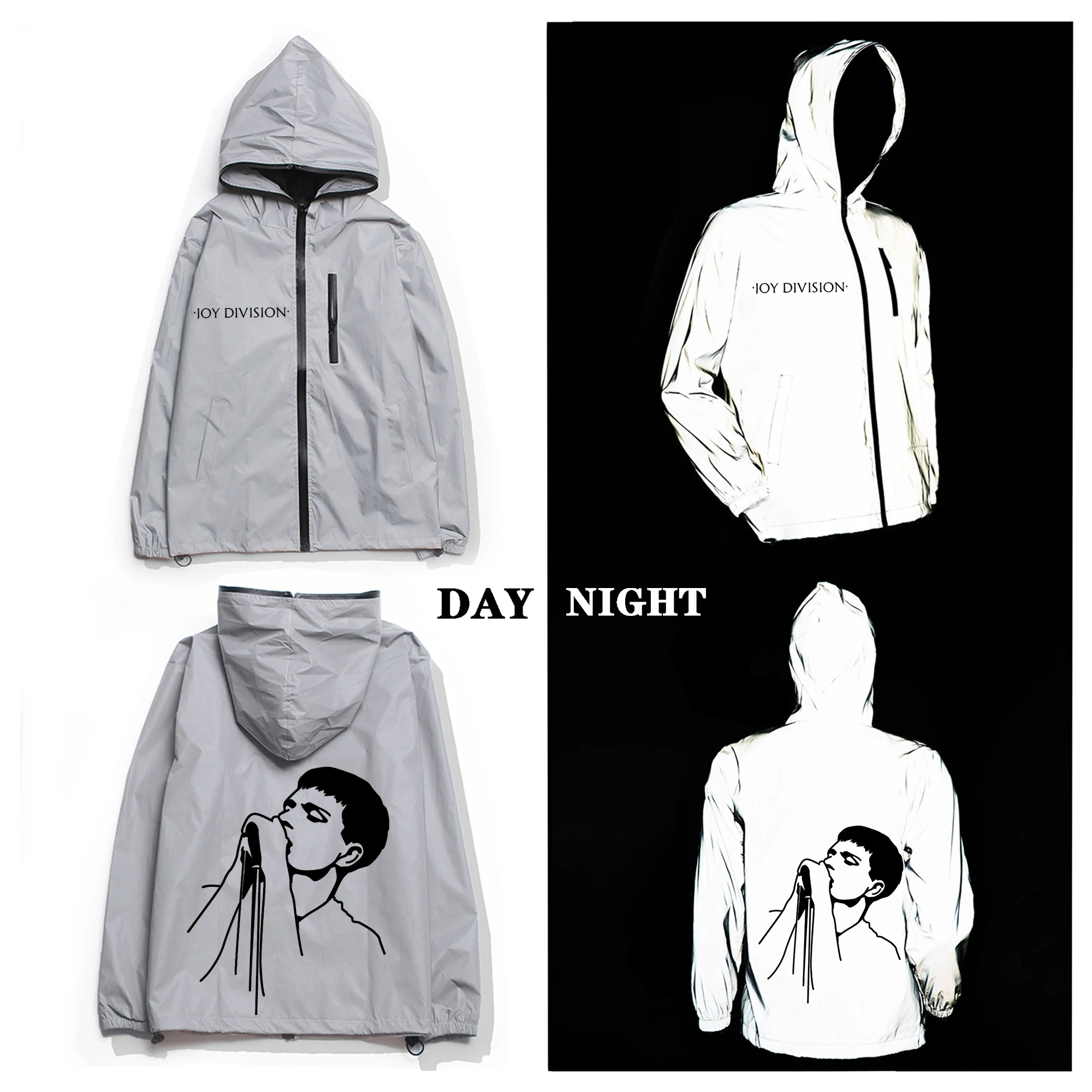 

Joy Division Band Reflective Jacket Mens Womens Coat Hooded Windbreaker Run Pocket Jackets Cycling Hiking Zipper Custom Hoodie