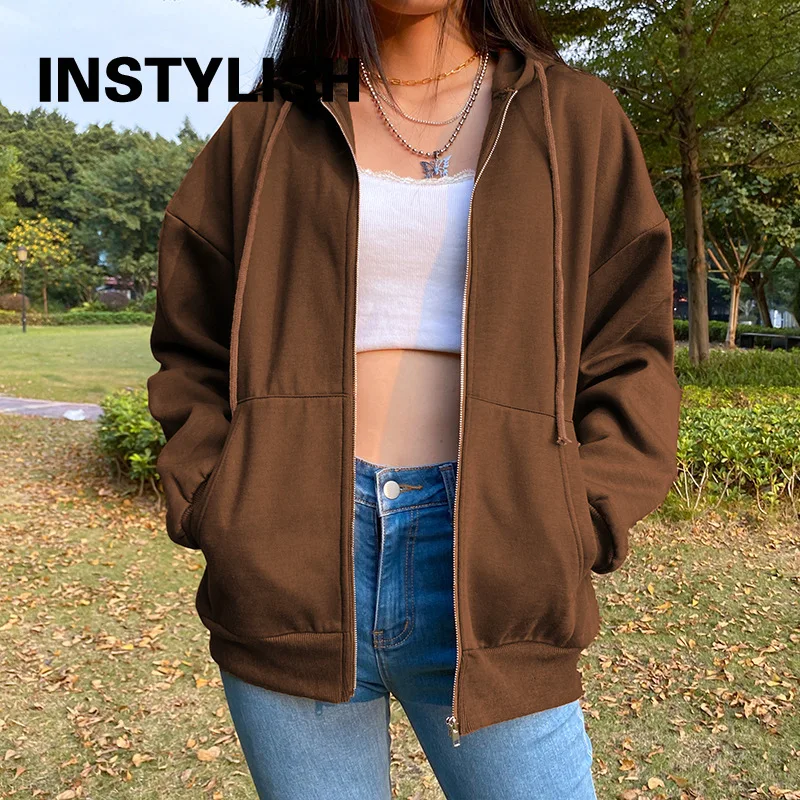 

Women Zip Up Hooded Sweatshirts Vintage Oversized Hoodies Casual Solid Loose Coat Harajuku Y2K Aesthetic kpop Hoodies Streetwear