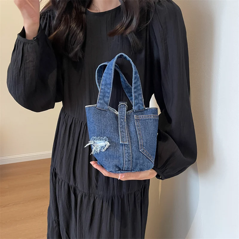 Vintage Denim Women's Bag 2023 New Jeans Bucket Bag Canvas Top Handle Bag Y2K Eco Bag Korean Shopper Female Tote Handbag Design