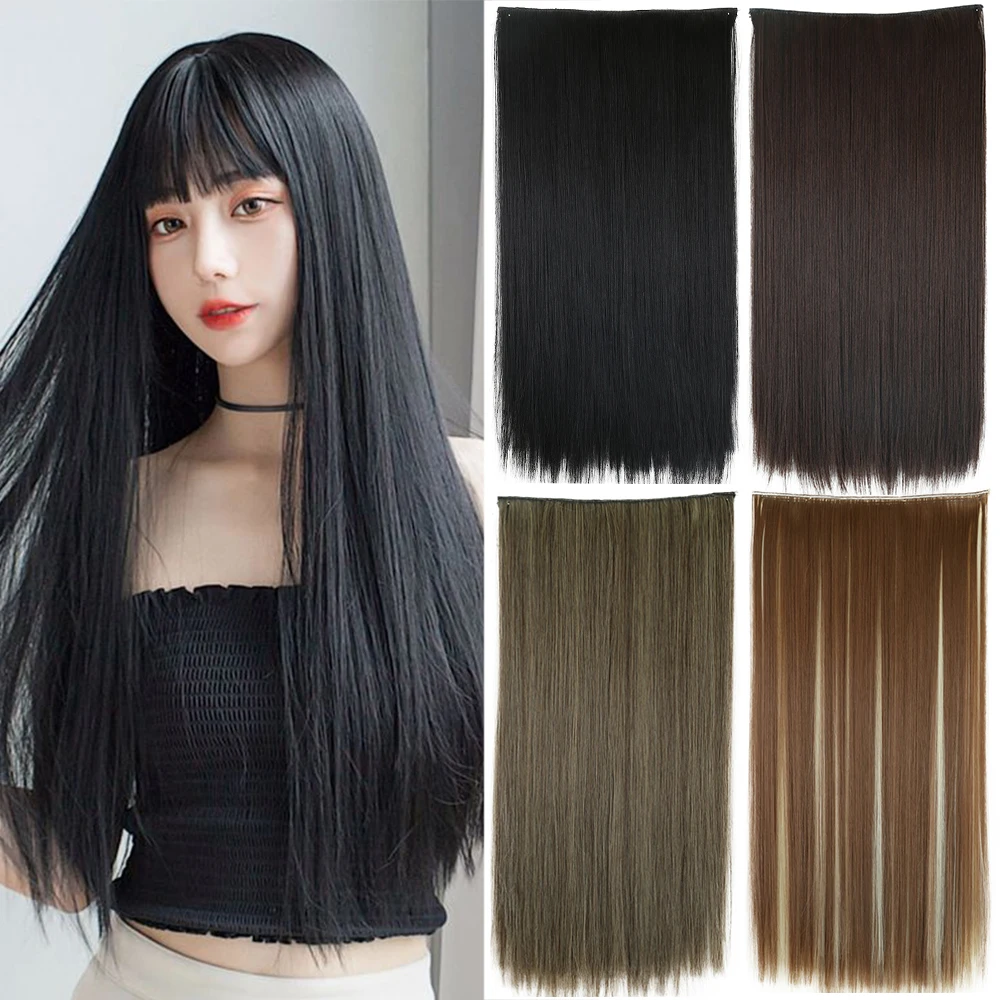 

22inch Synthetic Hair Extensions One piece 5 Clips Long Straight High Temperature Fiber Black Brown Hairpiece