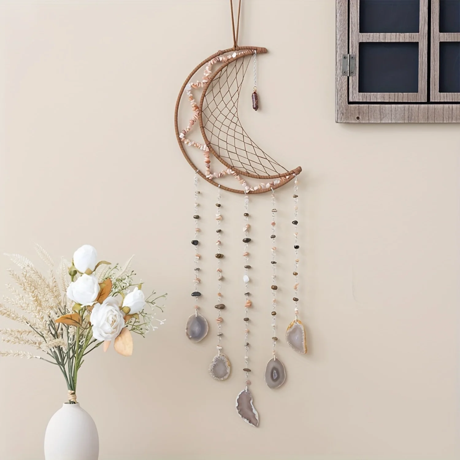 Agate Slice Wind Chime, Crystal Gemstone Hanging Ornament, Contemporary Style Decor-9.45 X 29.53 Inches
