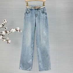 Fashion Lace Stitching High Waist Wide-Leg Jeans for Women 2024 New Spring and Summer Clothing Loose Rhinestone Mop Trousers