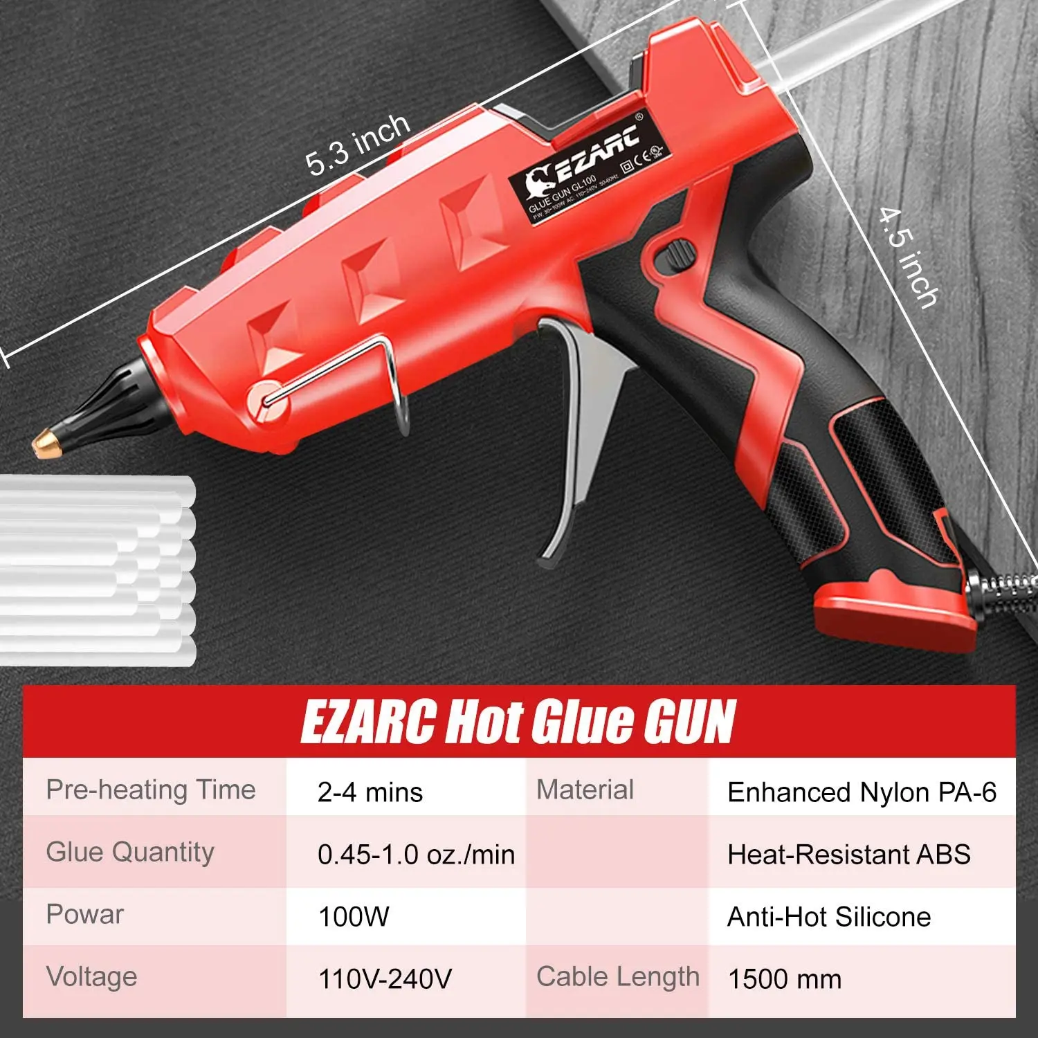 EZARC Hot Melt Glue Gun 100W Heavy Duty Full Size Glue Gun Kit with 20pcs Glue Sticks, for DIY, Arts & Crafts Projects, Sealing 6
