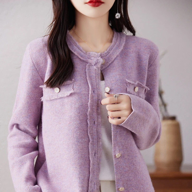 

2023 New Cardigan O-Neck Women's 100% Wool Sweater Solid Color Knitted Soft Comfortable Coat Women's Pure Wool Sweater