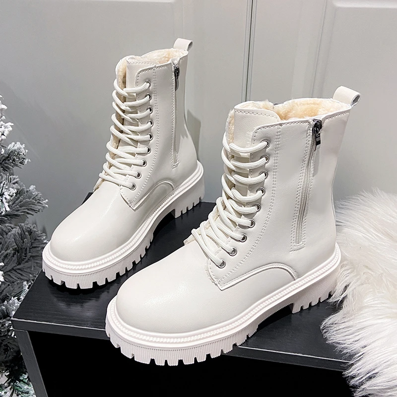 

Women's Waterproof Snow Boots 2023 Winter Non-Slip Warm Plush Ankle Boots Women Lace-Up Platform Motorcycle Booties Mujer