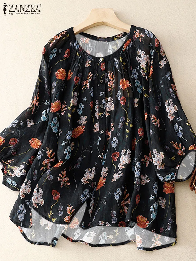 

Модные блузки ZANZEA с рукавами-фонариками, Женская винтажная блузка, осень 2023, топы с рукавом 3/4, Повседневная Свободная богемная туника с цветочным принтом