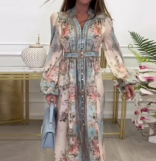

Vintage Women's Dress Autumn V Neck Lantern Sleeve Pattern Bohemian Printed Single Breasted Button High Waist Maxi Shirt Dress