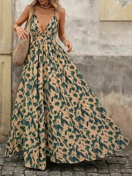 Women Spaghetti Strap Maxi Dress Cross Back Abstract Print A Line Flowy Dress Boho Spring Summer Beach Vacation Casual Dress