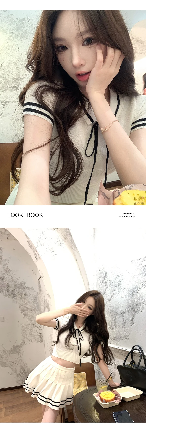 Korean Fashion Knitted Two-piece Set Women Short Sleeve Patchwork Cropped Top Pleated Mini Skirt Preppy Style Outfits New