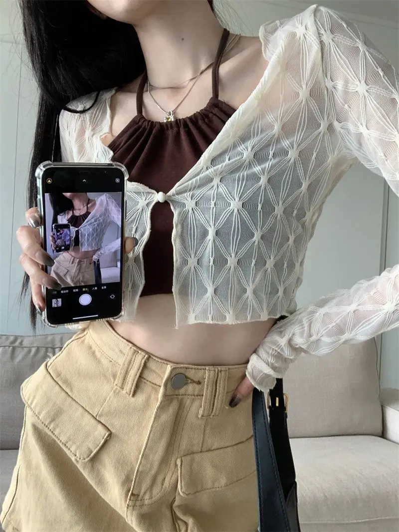 Summer Thin Sun-proof Cardigans Women Crochet Midriff-baring Tops Short Leisure All-match Y2k Korean Style Daily Slim Fashion