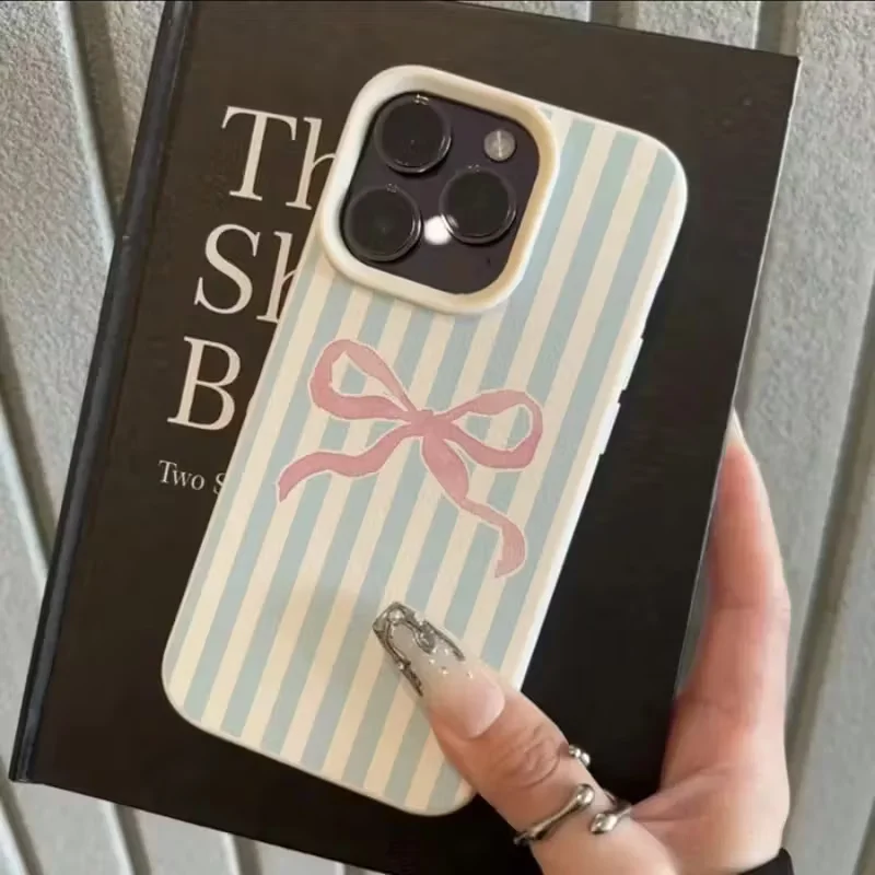Elegant Striped Pink Bow Pattern Shockproof Soft Phone Case