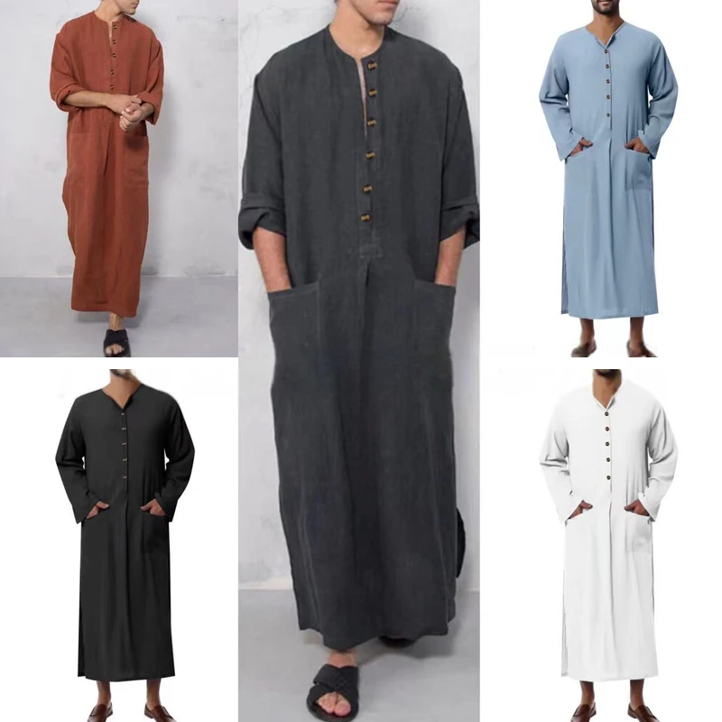 Мужская мусульманская одежда Ближний Восток Дубай Саудовская Аравия с длинным рукавом свободный молитвенный халат платье мусульманский кафтан джубба ТОБ мусульманская одежда
