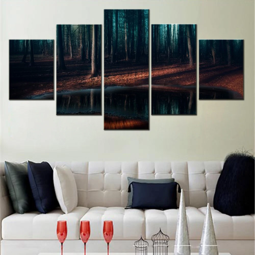 

5 Pieces Canvas Wall Arts Poster Painting Nature Landscape Forest Mist Puddle Wallpaper Modular Picture Print For Living Room