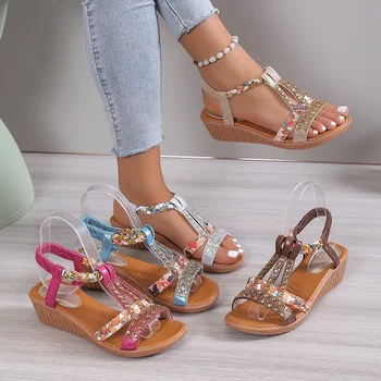 Women Wedge Sandals Summer Bohemia Rhinestones Casual Platform Sandals Female Peep Toe Outdoor Beach Shoes обувь женская летняя 1