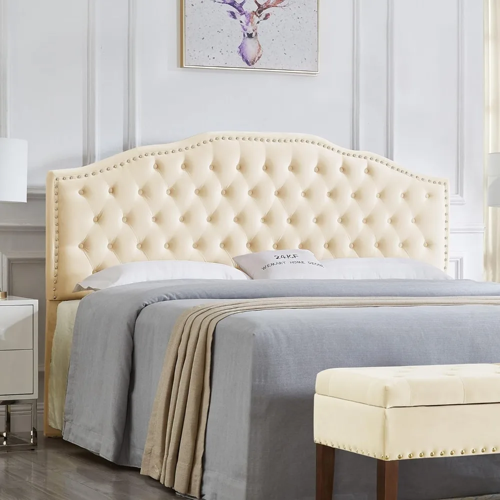 Upholstered Button Tufted King Headboard with Nailhead Trim, Soft Velvet Fabric Headboard King/California King 6031-K-Cream