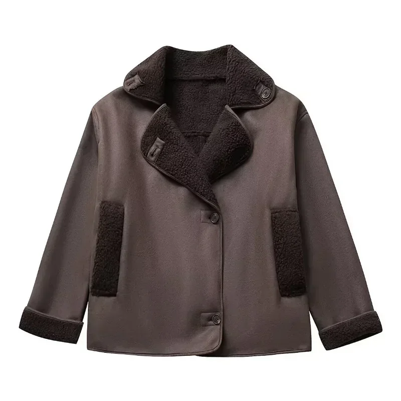 Vintage Women's Leather Jacket Loose Thick Warm Lapel Single Breasted Long Sleeve Fleece Jacket Fall Winter Street Outwear