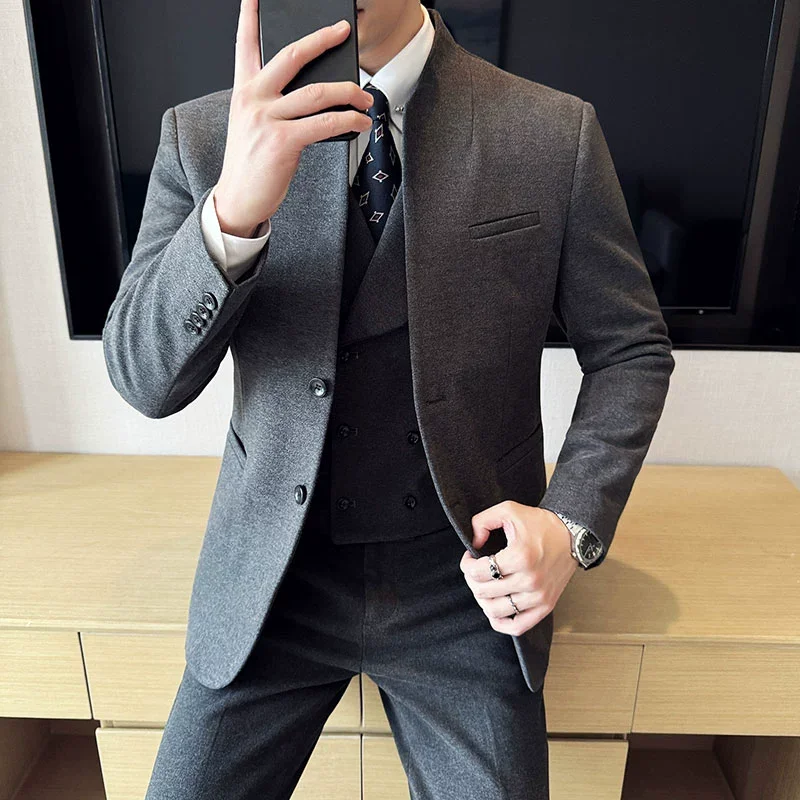 Chinese Stand-up Collar Woolen Suit Autumn Winter Men's Business Casual Groom Wedding Slim Fit Tuxedo ( Jacket+Pants ) Formal Suit Business Men Clothing