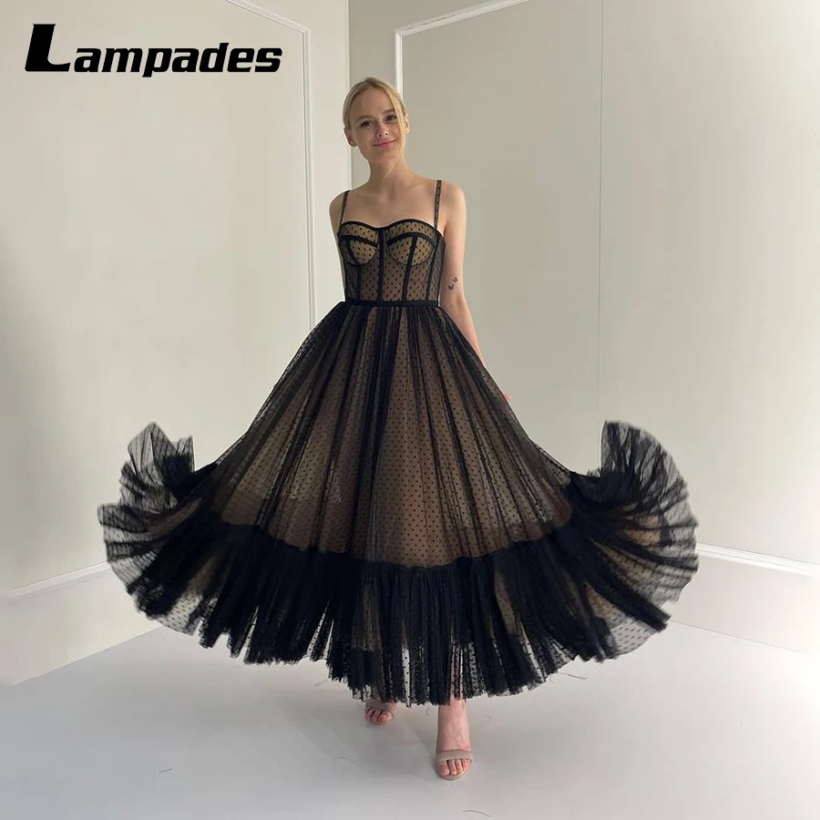 Cocktail Dress Black Dotted Tulle A-Line Spaghetti Straps Ankle Length Formal Party Evening
