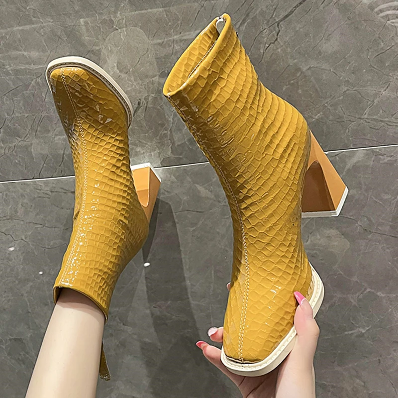 Lucyever Patent Leather High Heel Ankle Boots Women Fashion Yellow Square  Toe Short Booties Woman Platform Back Zipper Botas