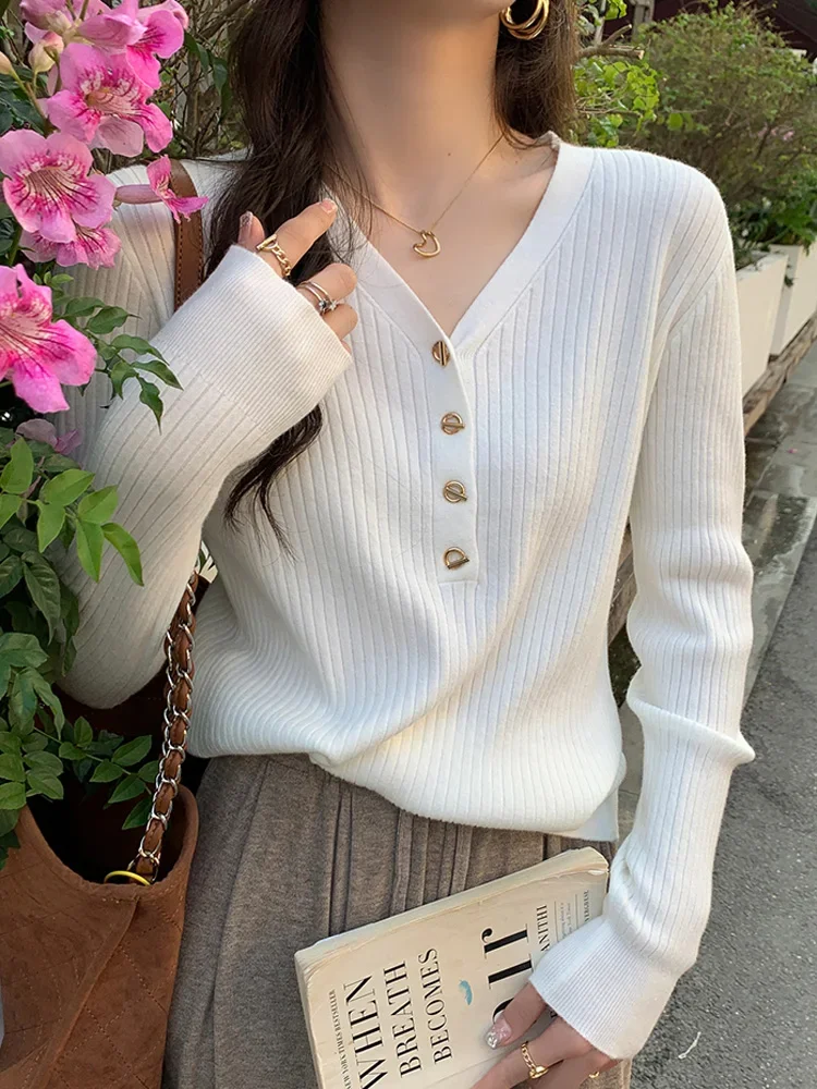 New Autumn and Winter Women's Clothing V-neck Button-decorated Long-sleeved Sweater Slim-fitting Elegant Knitwear Bottoming Top