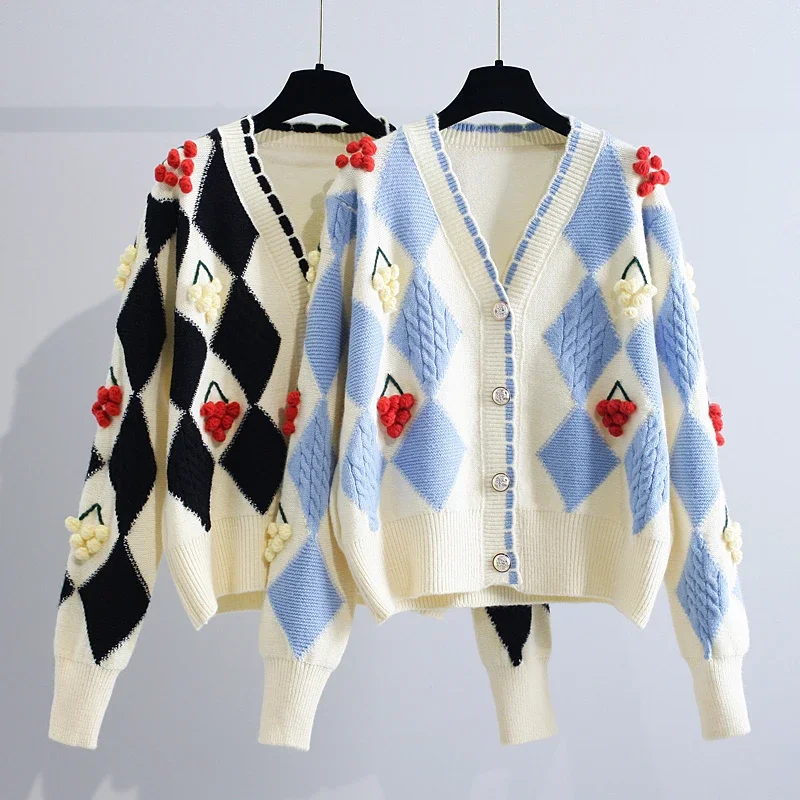 

QNPQYX Kawaii Cardigan Block Argyle Sweater Cardigan Women Elegant Fashion V Neck Single Breasted Vintage Outerwear Tops