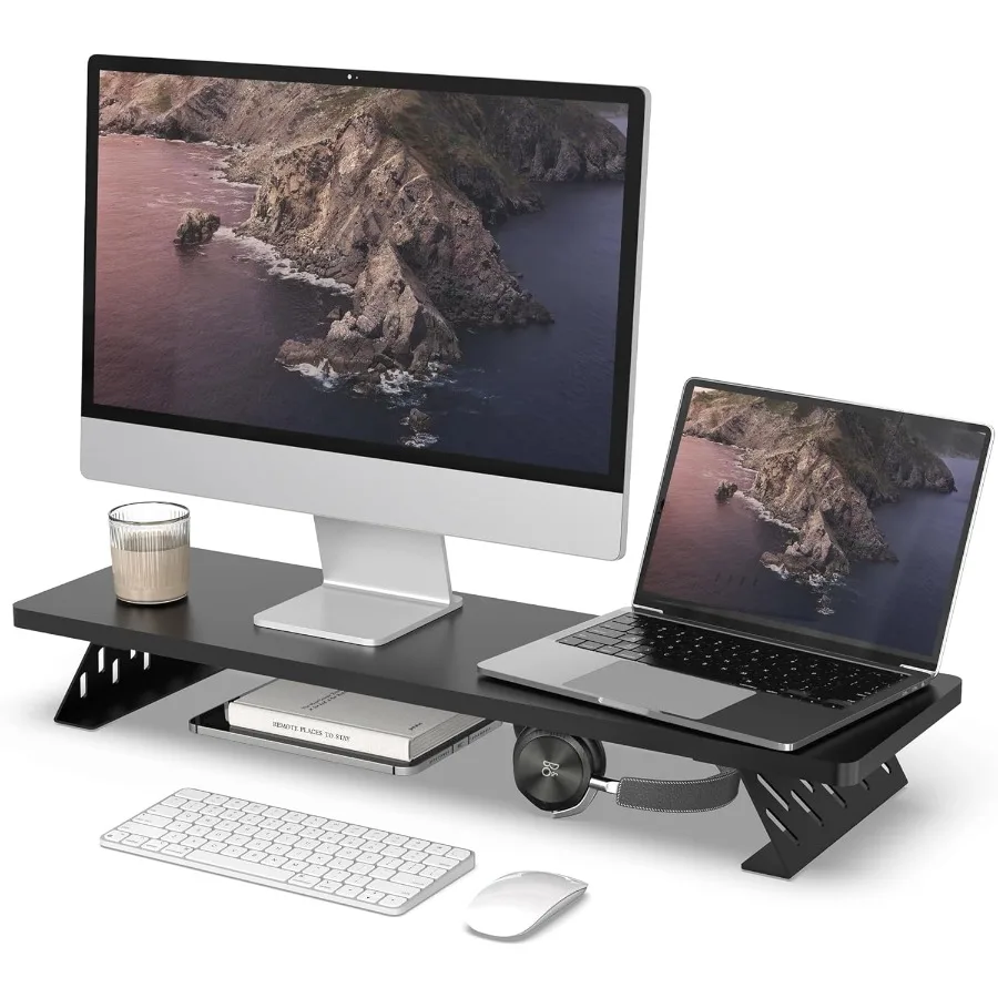 Fenge Dual Monitor Stand Riser Wood Steel Desk