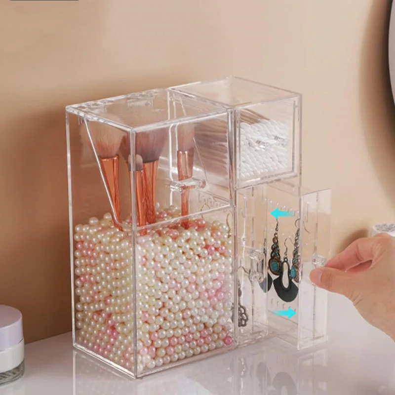 Clear Makeup Brush Organizer, Storage Rack with Drawers, Storage Box with Lid and Pearls for Storing Makeup Tools and Jewelry 6