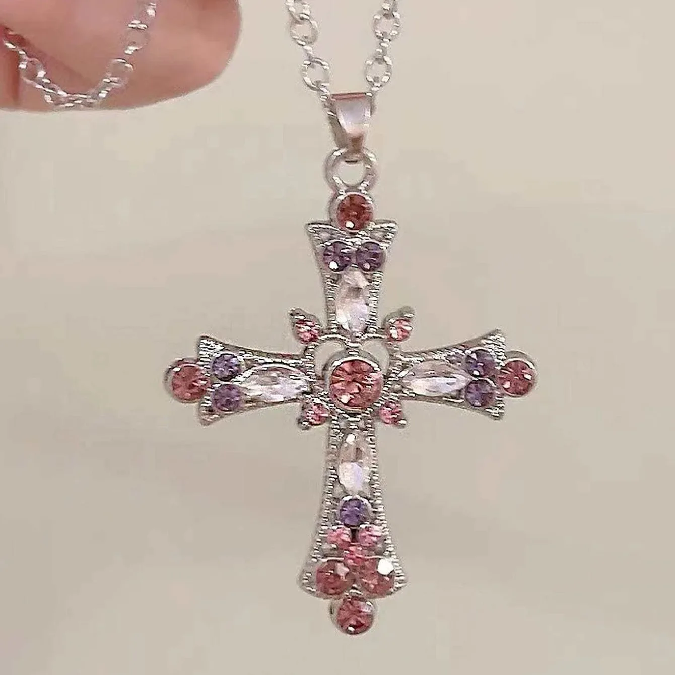 Y2K Retro Kpop Silver Color Pendant Necklaces For Women Gothic Zircon Heart Cross Tassel Necklace Punk Clavicle Choker Jewelry