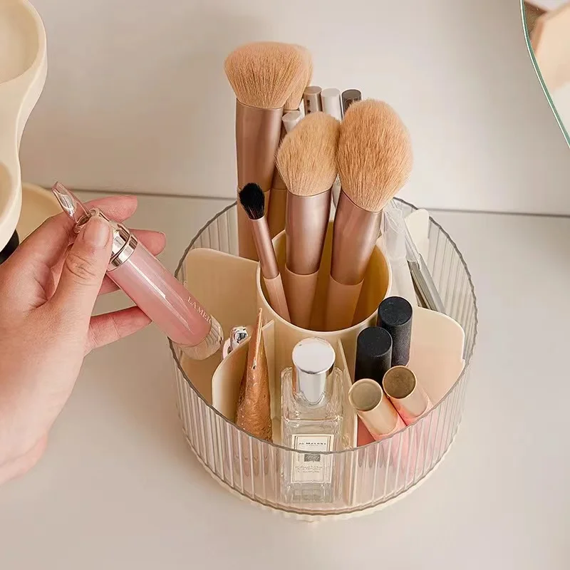 Rotating Makeup Organizer Large Capacity Cosmetics Makeup Brush Holder With Lid Multi-Functional Pen Holder Lipstick Storage Box