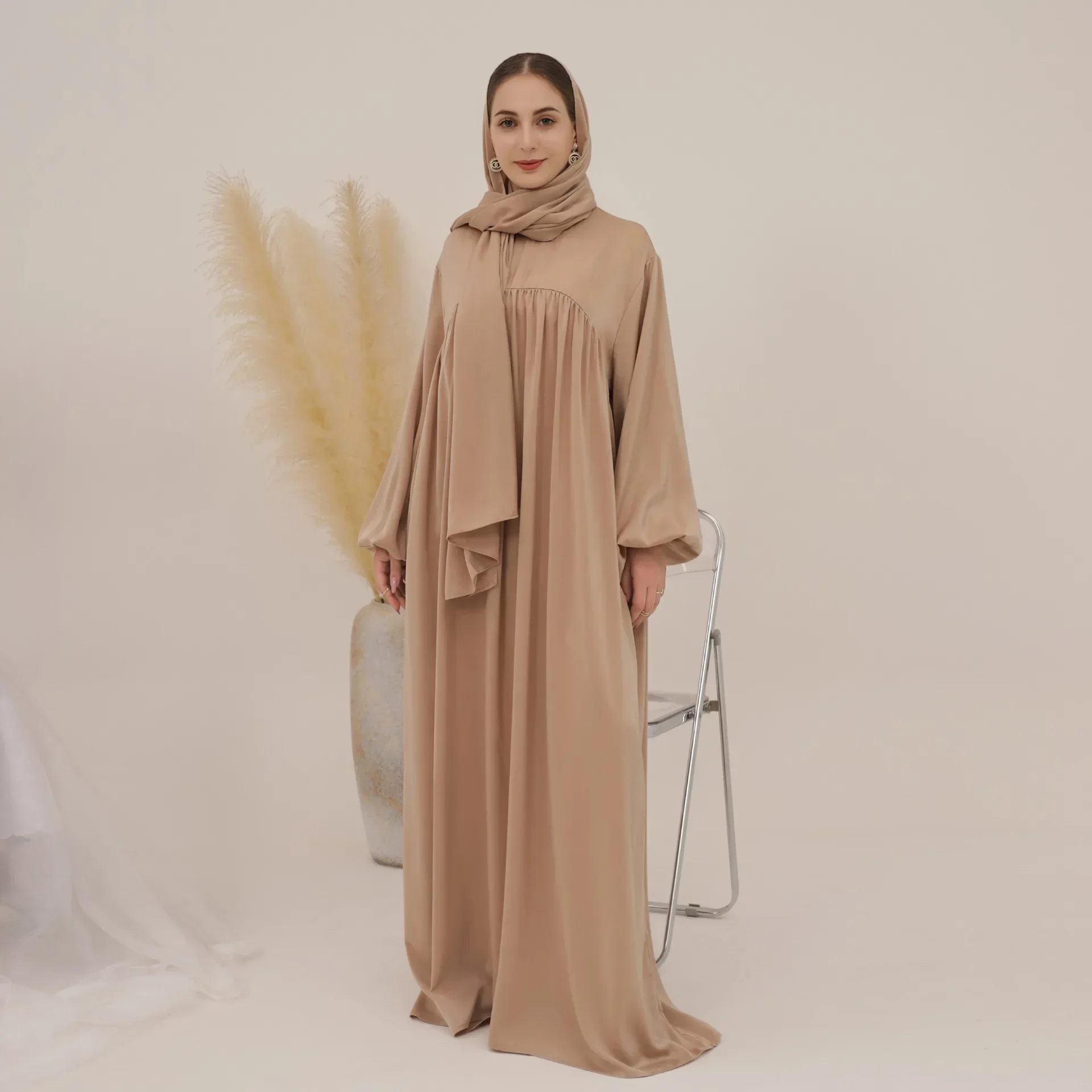 Islamic Plain Abaya with Hijab Muslim Long Dresses for Women Satin Gulf Abayas Saudi Dubai Turkey Ramadan Eid Modest Kaftan Robe