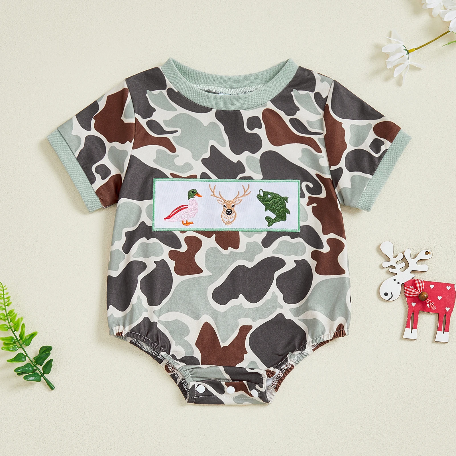 Infant Camo Print Romper with Cute Animal Embroidery Short Sleeves and Round Neckline for Summer Fun Jumpsuits