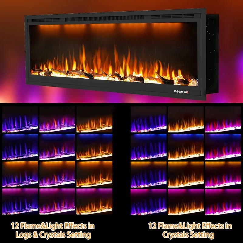 Electric Fireplace 74 inch,Recessed Wall Mounted Fireplace Heater,Logs Crystal,Multicolor Flame Combinations,Overheating Protect