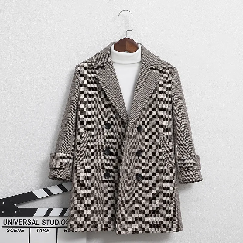 Boys Woolen Blends Coats For Autumn Winter New Fashion Solid Plus Cotton Warm Turn Collar Long Outerwear Children's Clothes