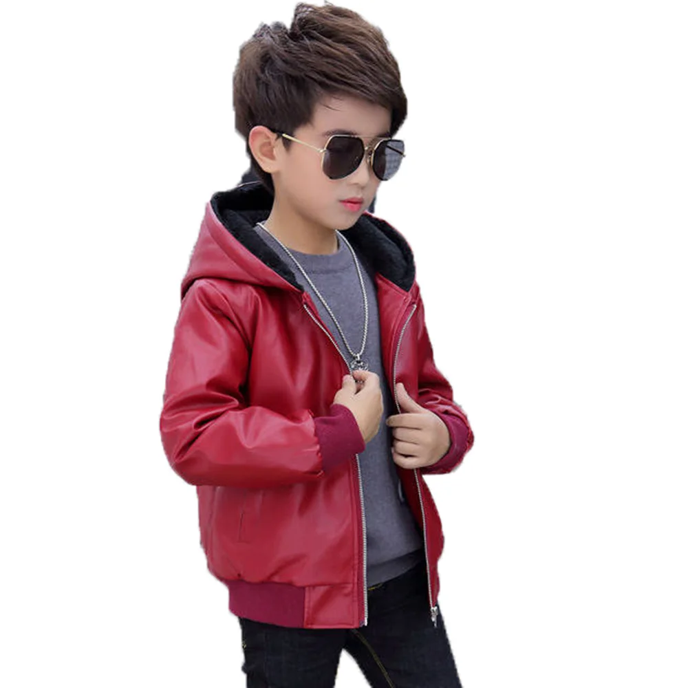 

Winter PU Leather Jacket For Boy 2022 Korean Version Plus Velvet Thick Fashion Hooded Coat Handsome Casual Children's Clothing