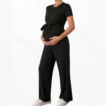 Maternal Clothing Fashion Jumpsuits S-XL Summer Black Short Sleeves Slim Fitting Butt Lifting Rompers Pregnant Women