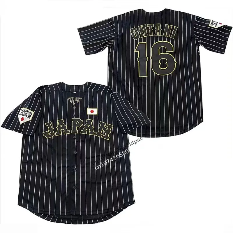 Baseball Jersey Japan 16 OHTANI Oversize Outdoor Sportswear Embroidery Sewing White Stripe Black Hip Hop Street Culture T-Shirts