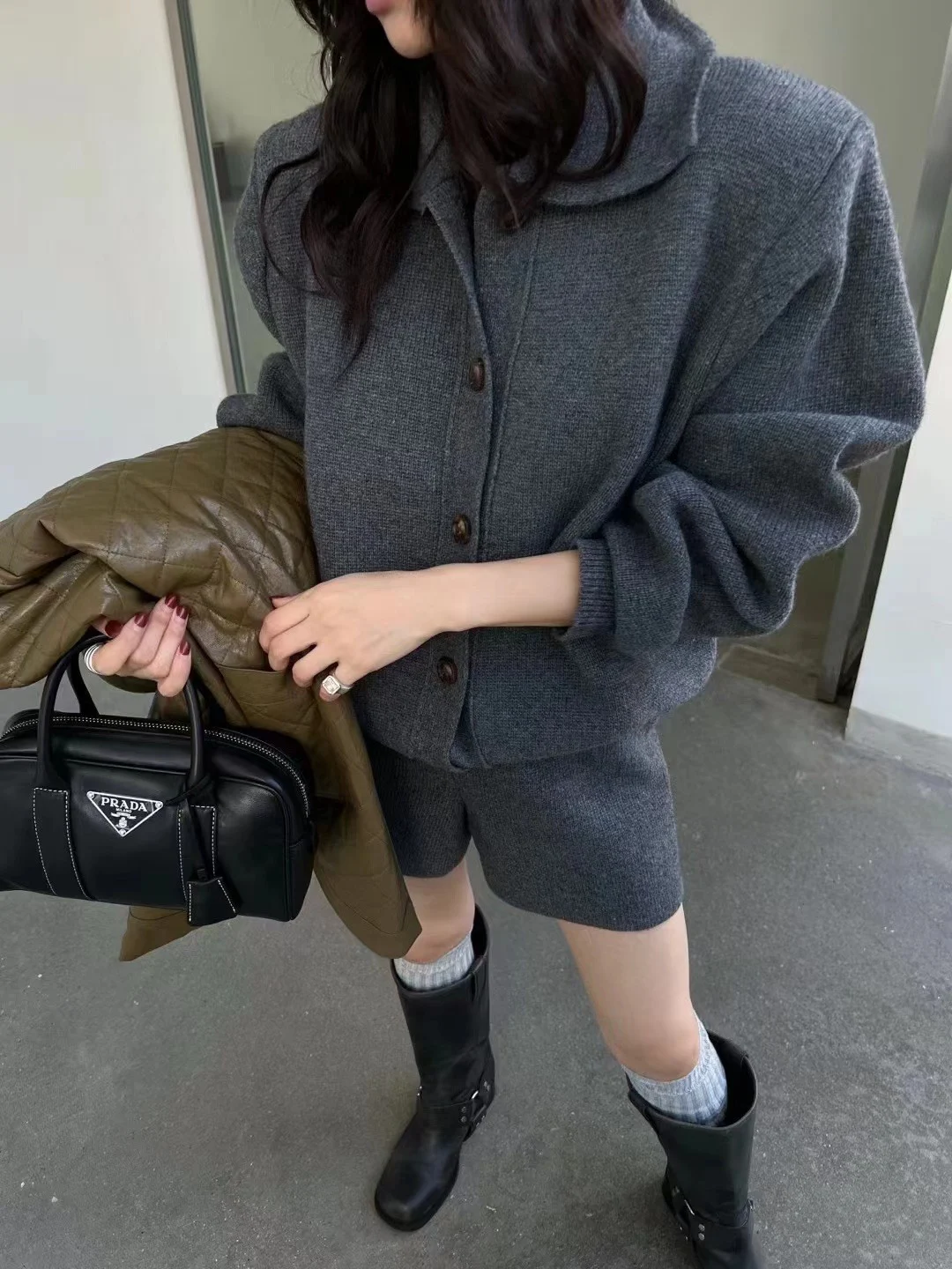Autumn Winter New Two-piece Knitted Sets Single Breasted Sweater Top High Waist Shorts Korean Fashion Casual Outfits Solid Suit
